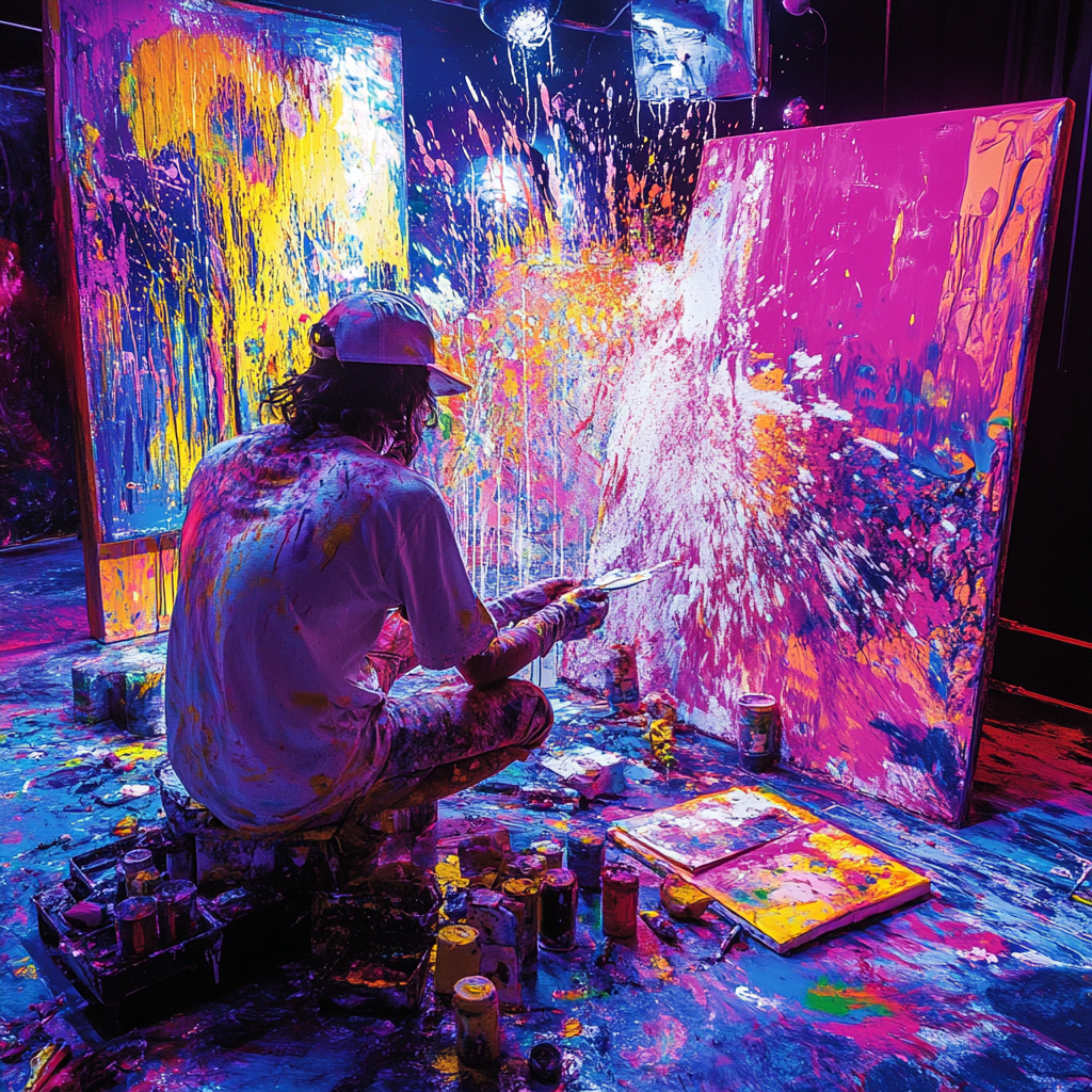 Artist paints in neon-lit studio with chaotic colors.