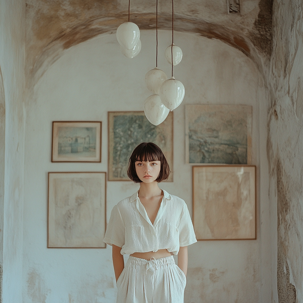 Artist posing in front of white painted wall in villa.