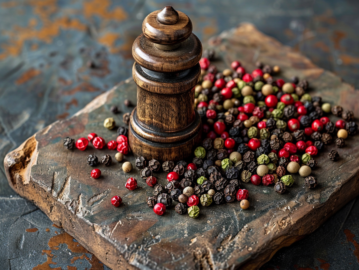 Artistic Display of Kampot Peppercorns on Marble