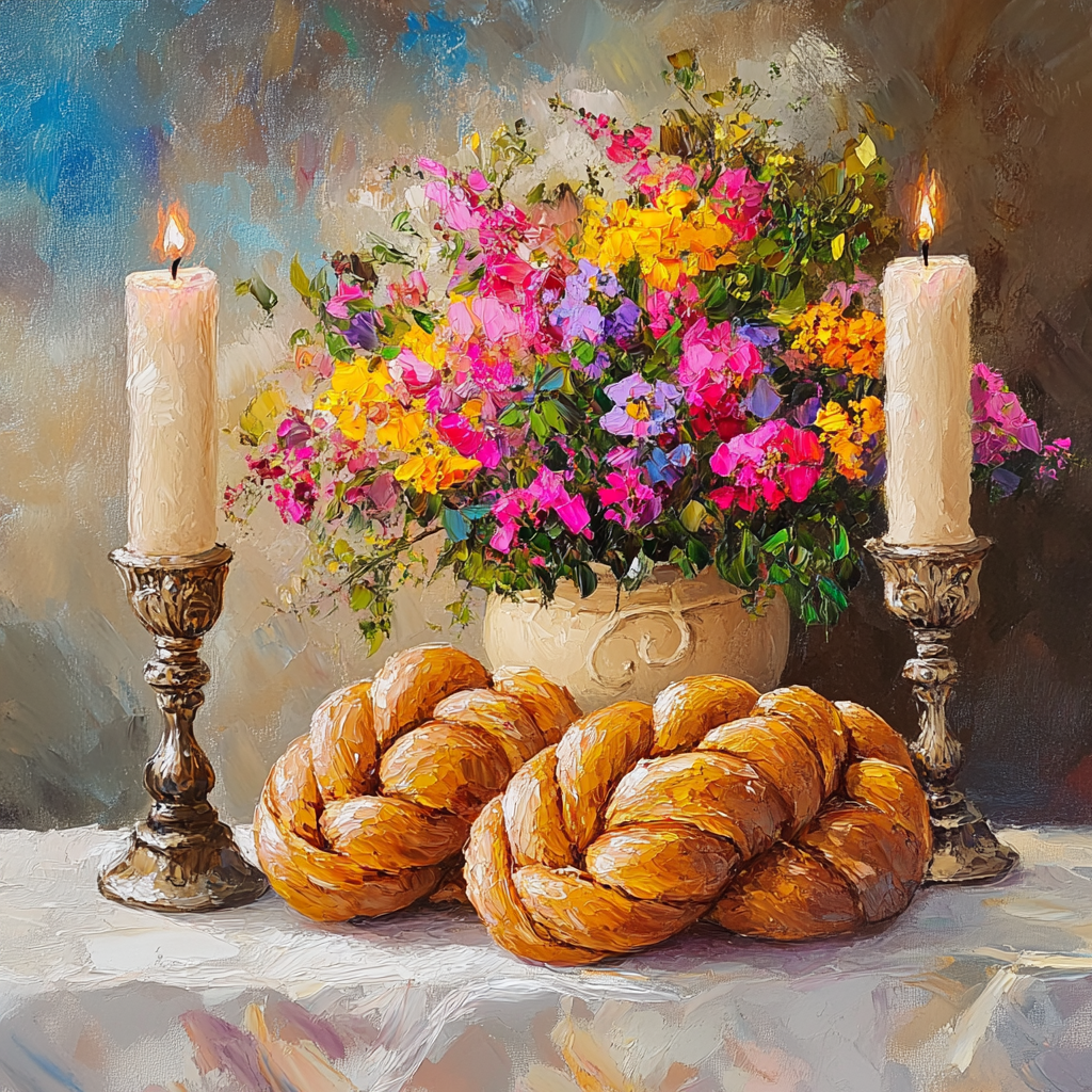 Artistic Shabbat Setting with Bright Flower Pot