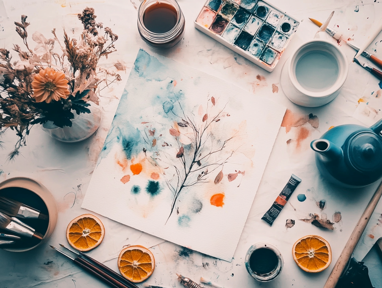 Artistic Workspace with Natural Elements and Supplies