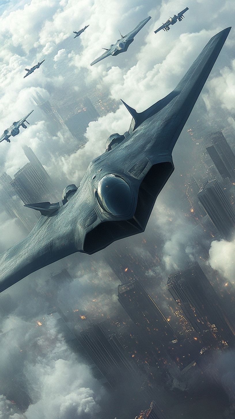 Artistic depiction of futuristic B-21 Raider in battle.