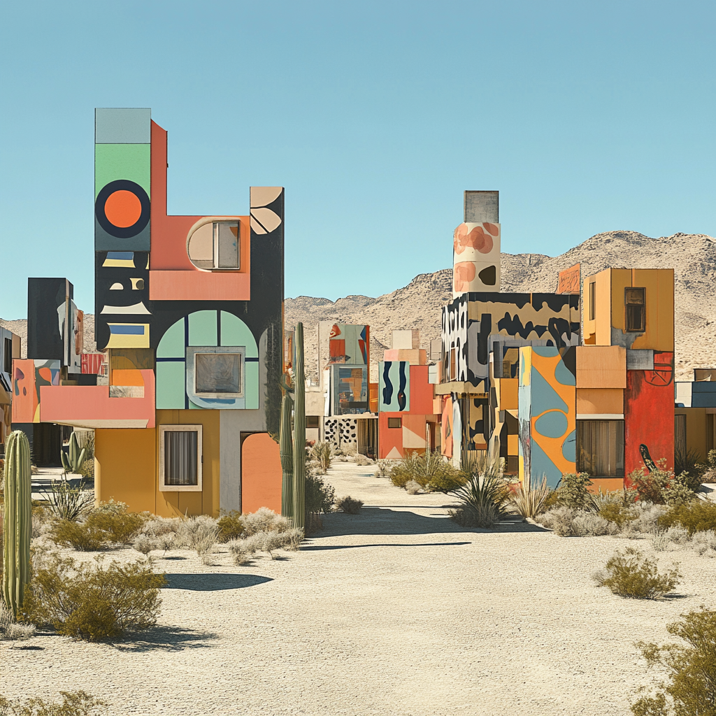 Artistic desert town with vibrant buildings inspired by iconic artists.