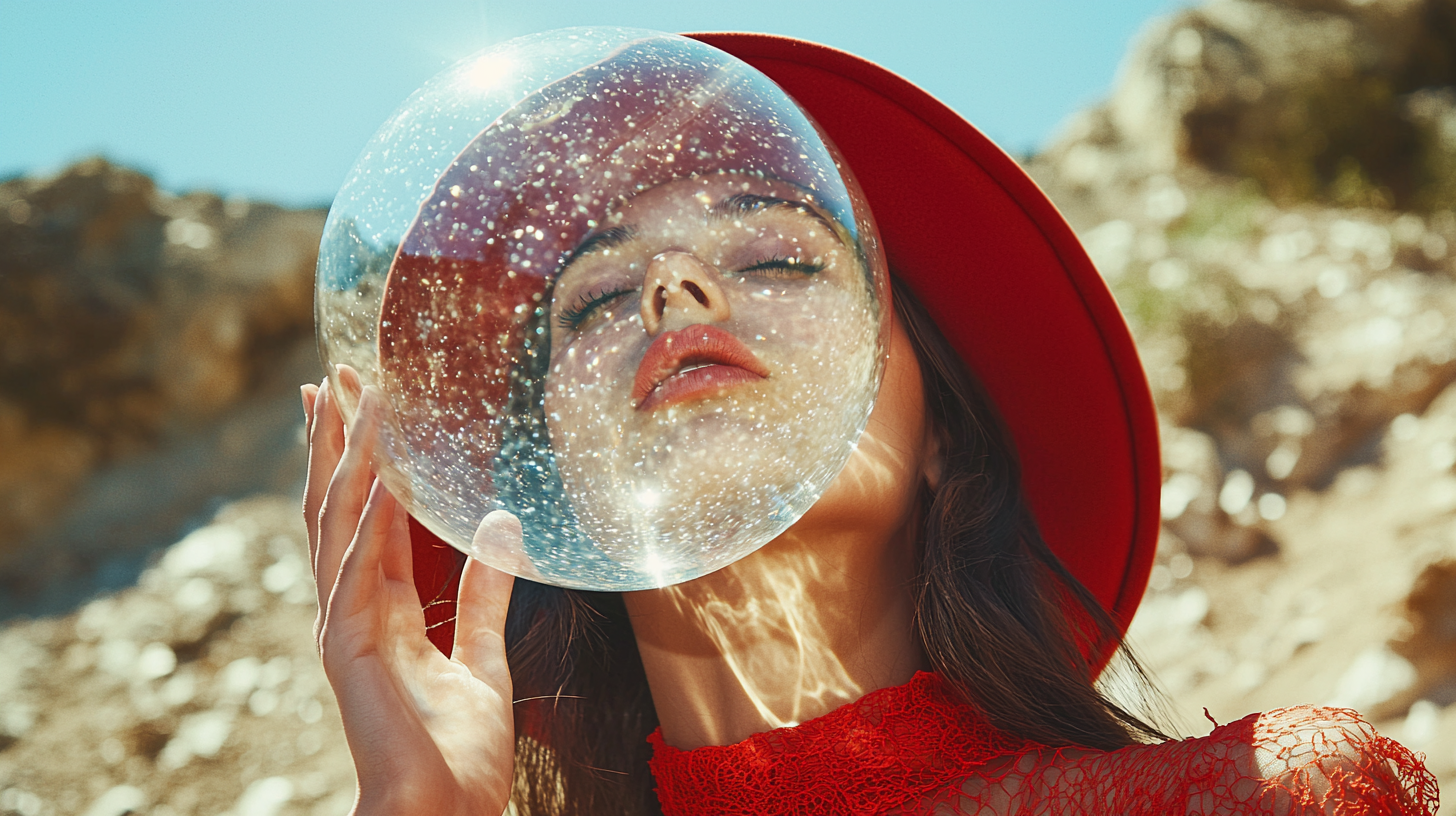 Artistic fashion photography with crystal sphere, high resolution.