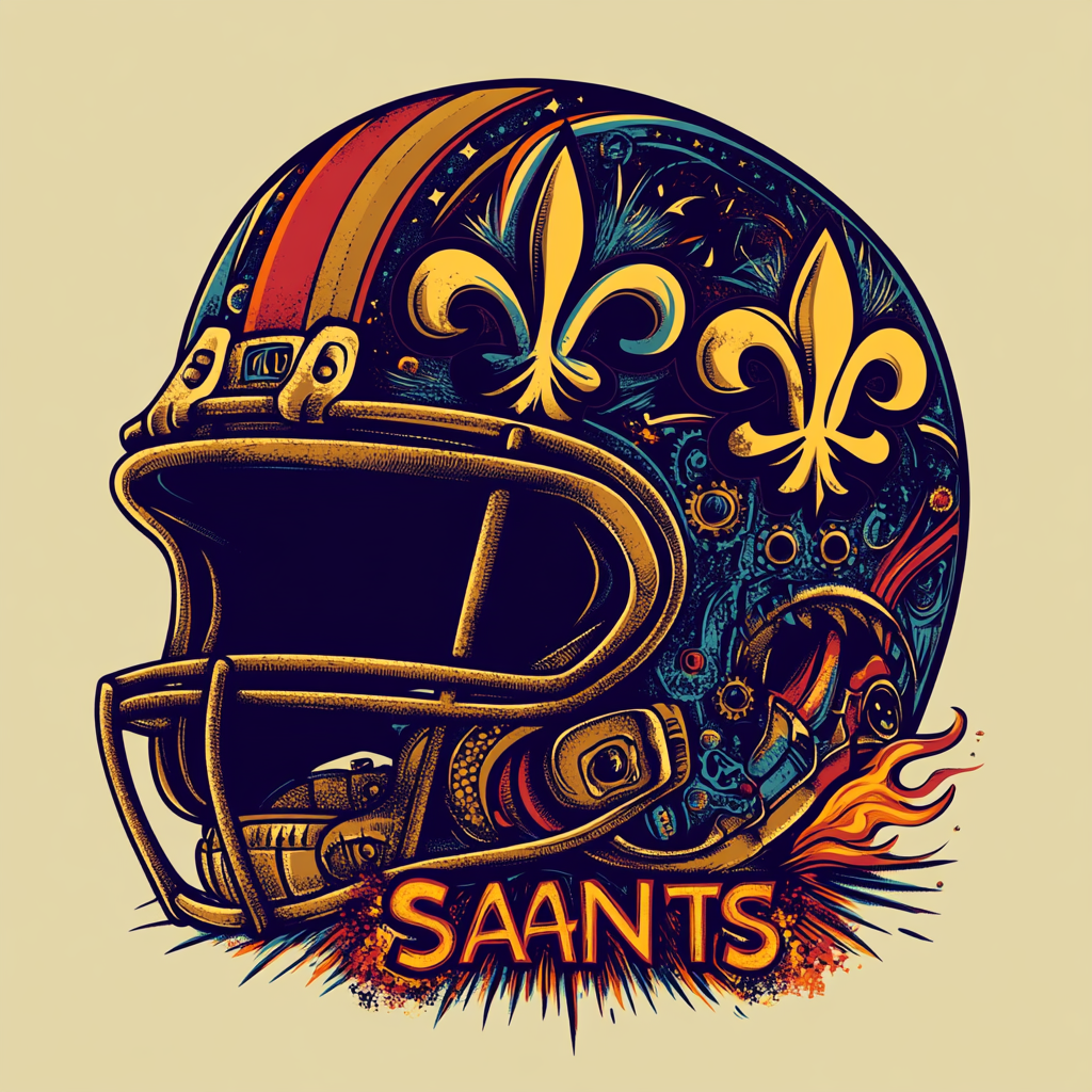 Artistic football helmet with gears, flames, and fleur-de-lis symbol.