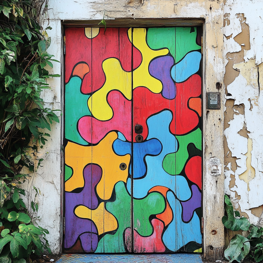 Artistic hand-painted door with vibrant puzzle pieces.