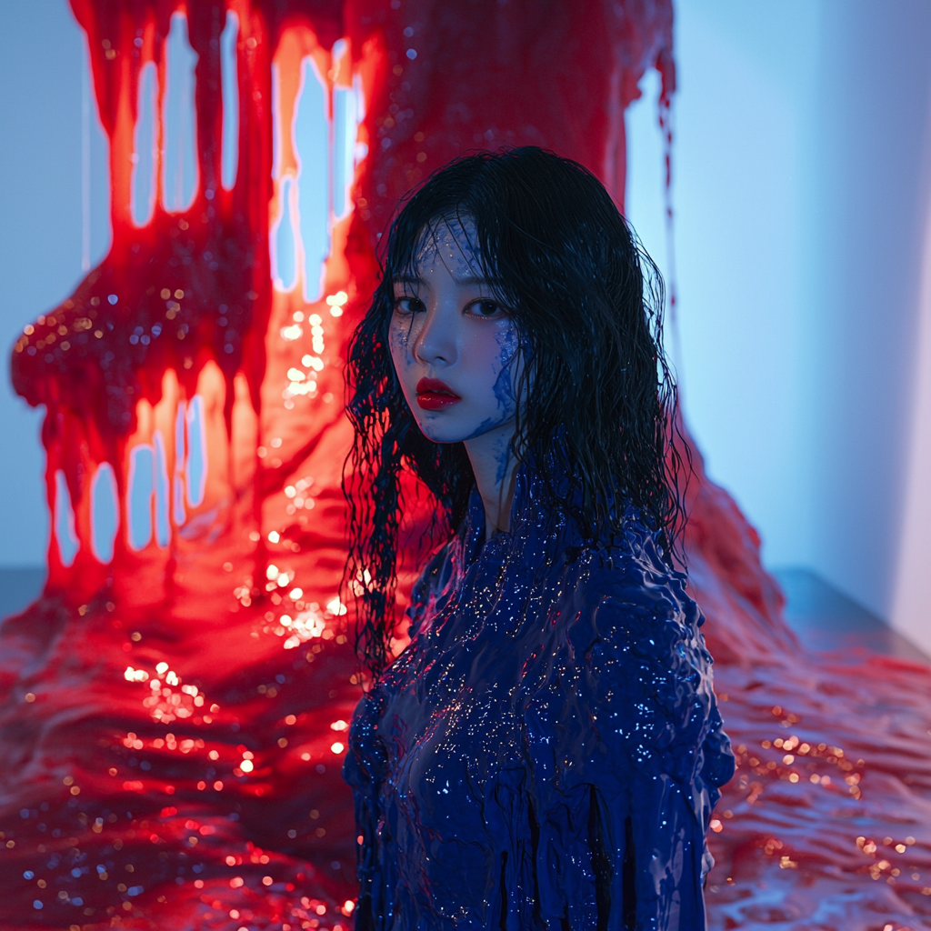 Artistic photoshoot of Chinese model in Klein blue liquid.