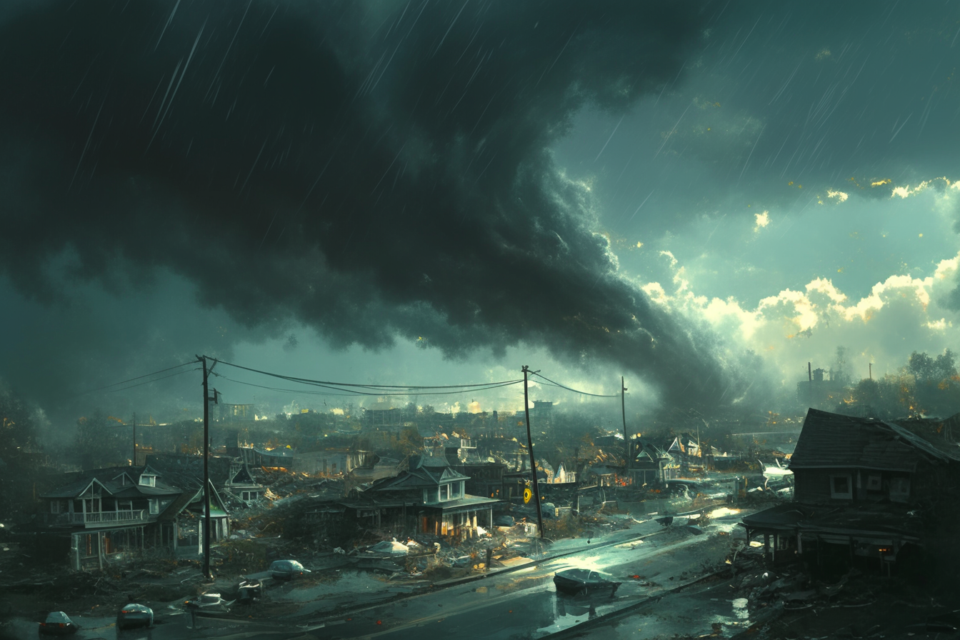 Artistic rendering of town destroyed by tornado in storm