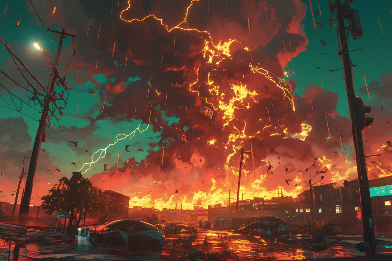 Artistic renditions of town explosion during thunderstorm storm horror.