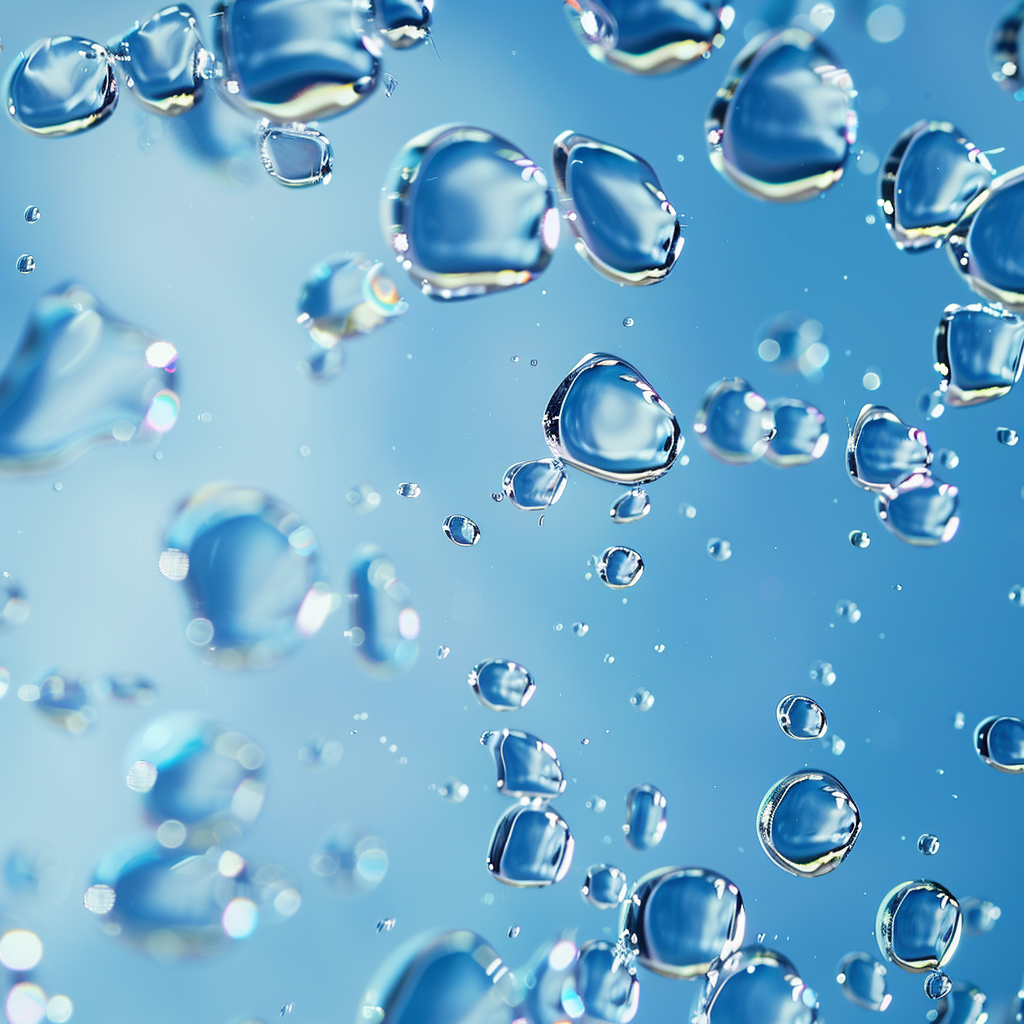 Artistic transparent water droplets on medium blue background