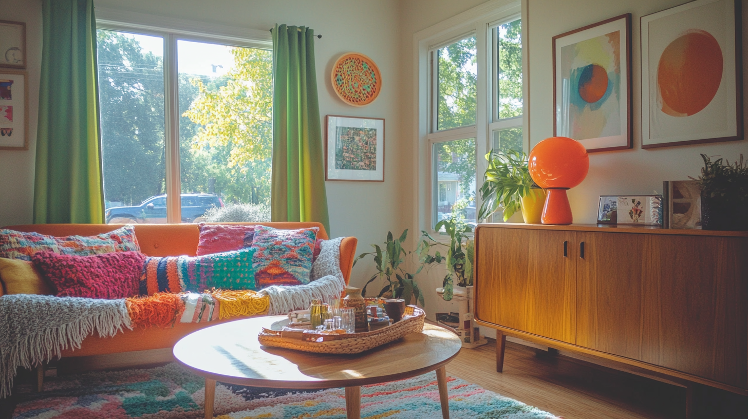 Artsy mid-century modern living room with bright colors.