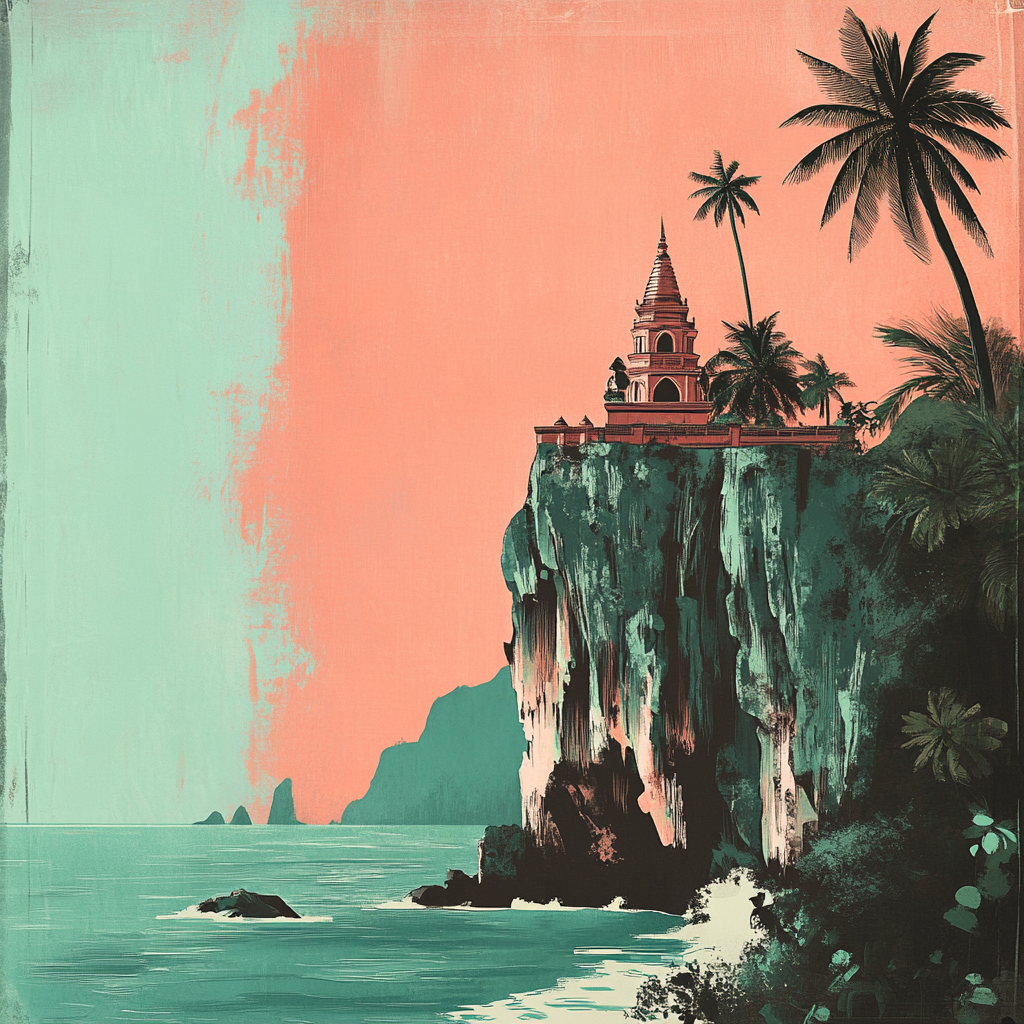 Artwork inspired by Thai landscape and monuments, retro style.