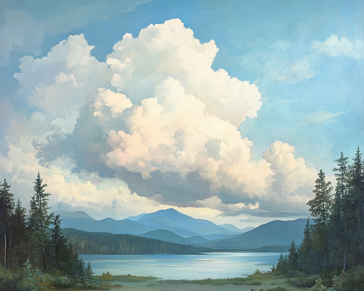 Artwork with impressive clouds, low horizon, distant mountains.