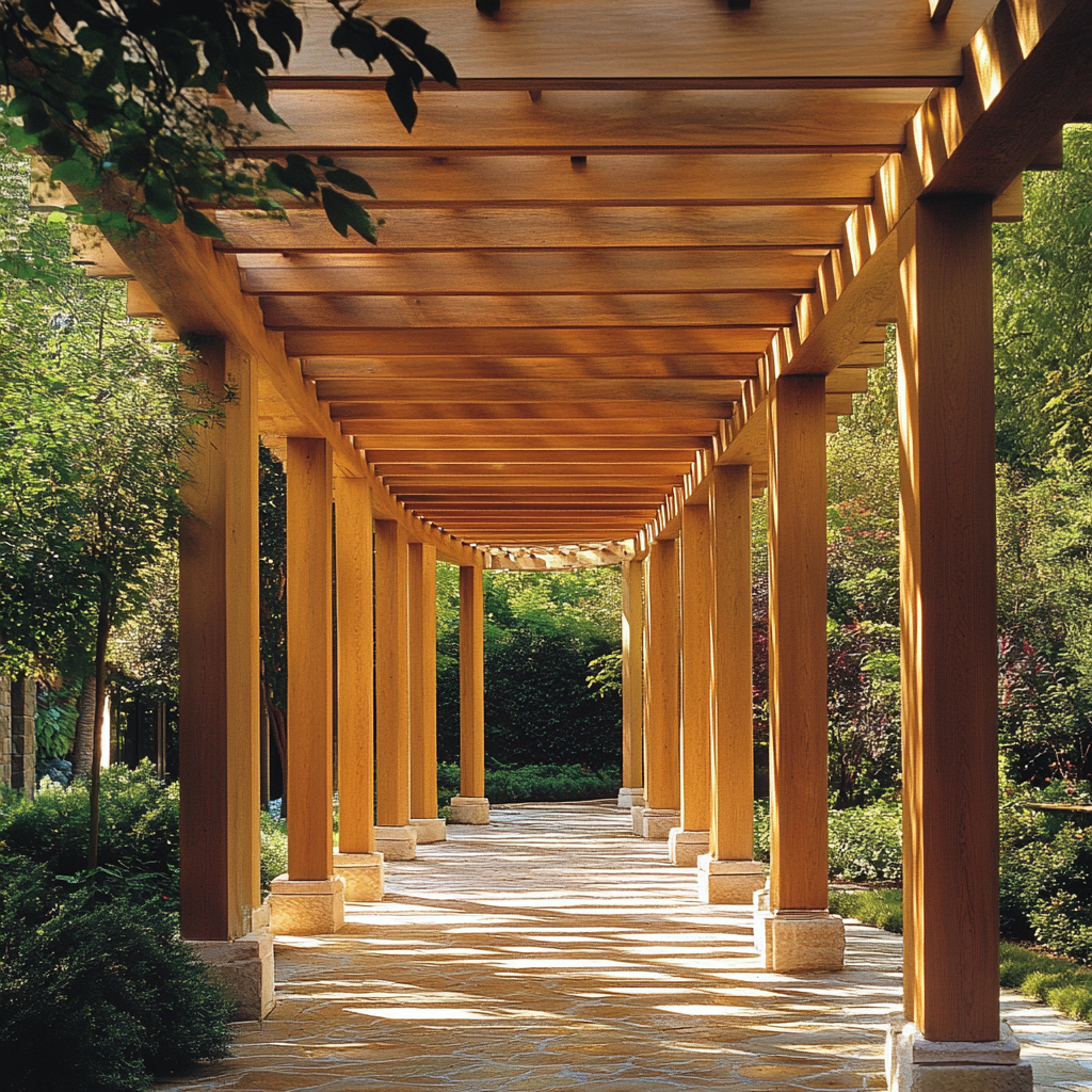 Ascending wooden beam pergola roof with stair-step design.