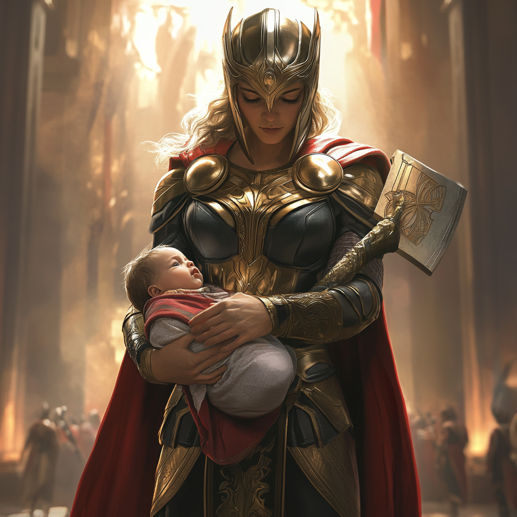 Asgardian mother with magical baby, holding Mjölnir. Twilight setting.