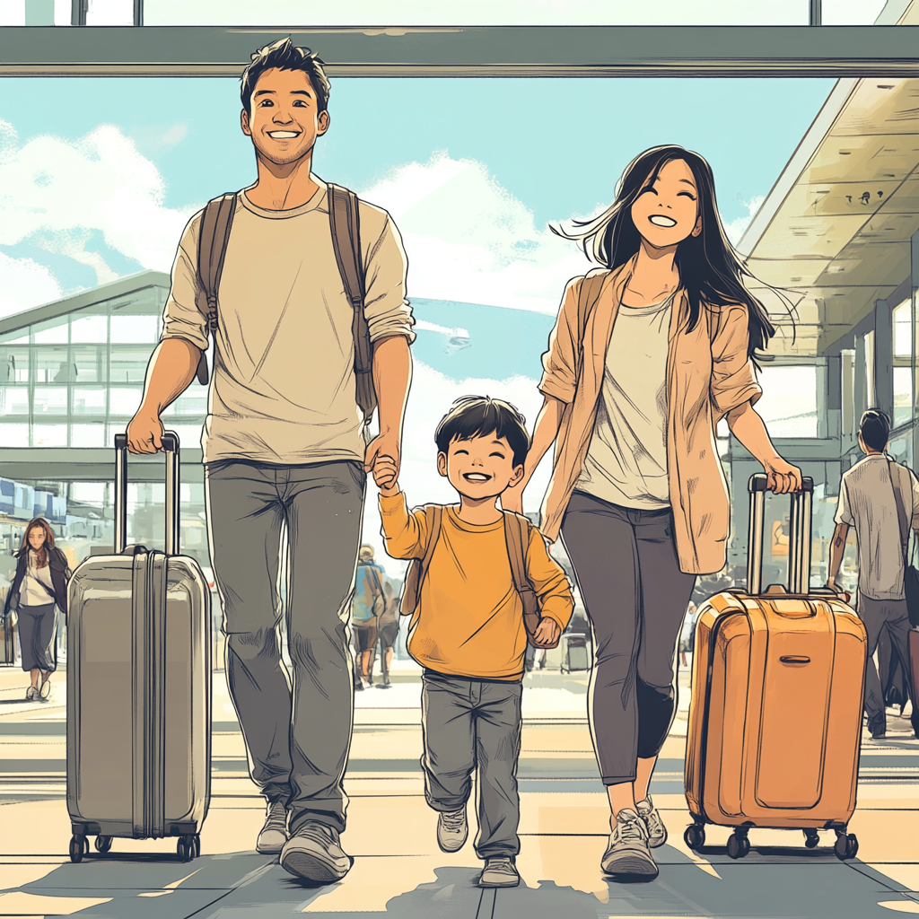 Asia Family Traveling Airport Boarding Gate Scene