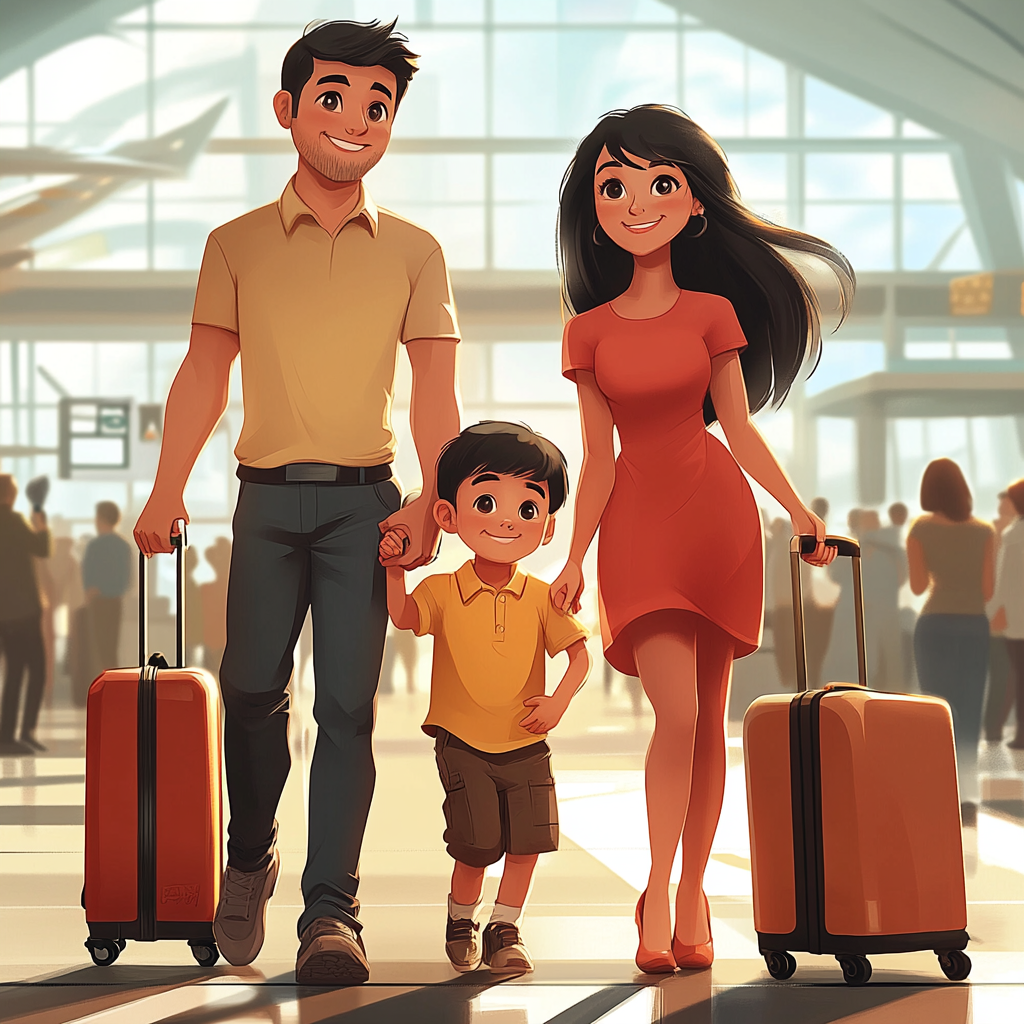 Asian Family Traveling at Busy Airport Gate