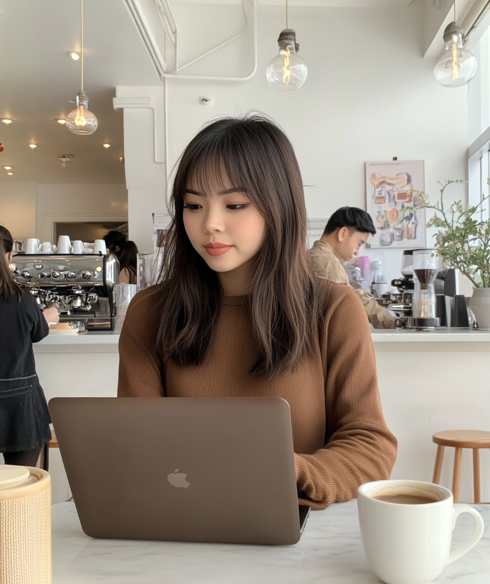 Asian Woman Working in Cafe with Laptop