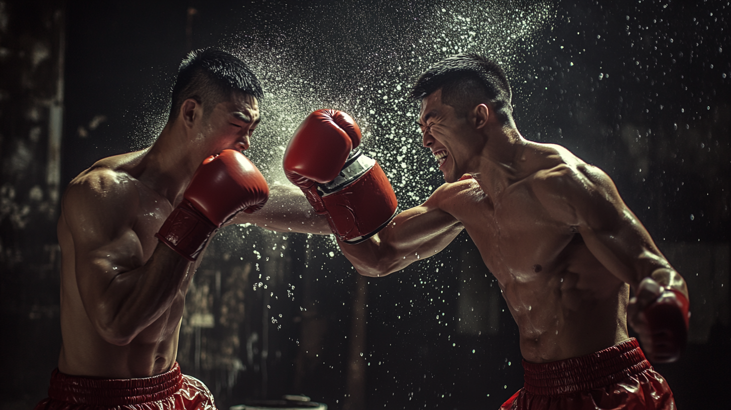 Asian boxers fight happily in moody scene, realistic photo.