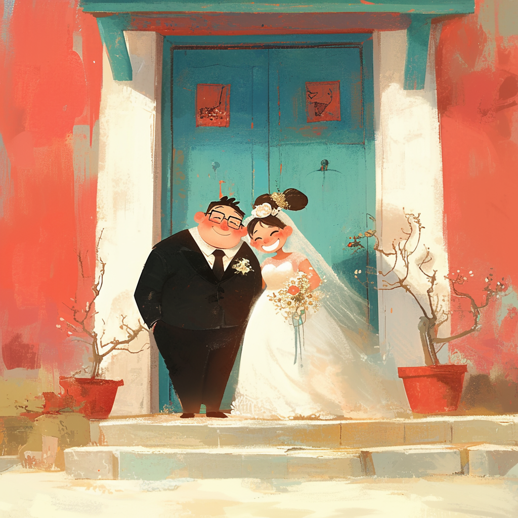 Asian bride and groom in glasses, smiling at door.