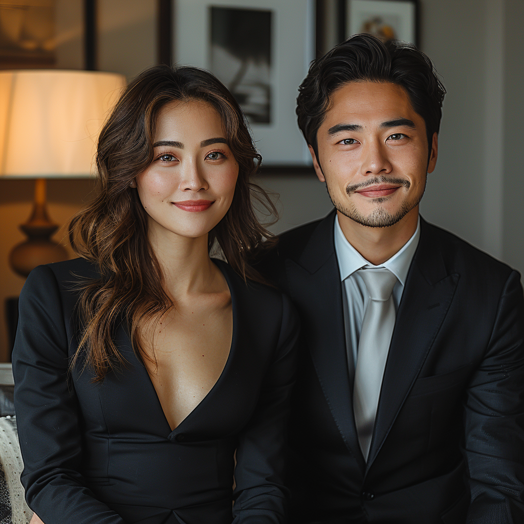 Asian couple in black suits smiling on chair, 4k raw photo