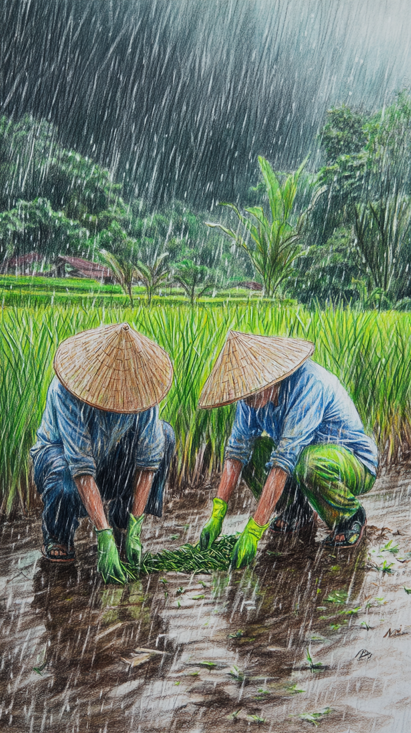 Asian farmers cultivating rice in green, rainy fields. Hardworking and rewarded.