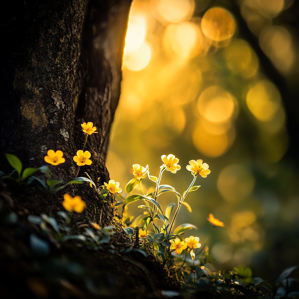 Asian forest photos: moist, wild flowers, big trees, detailed.