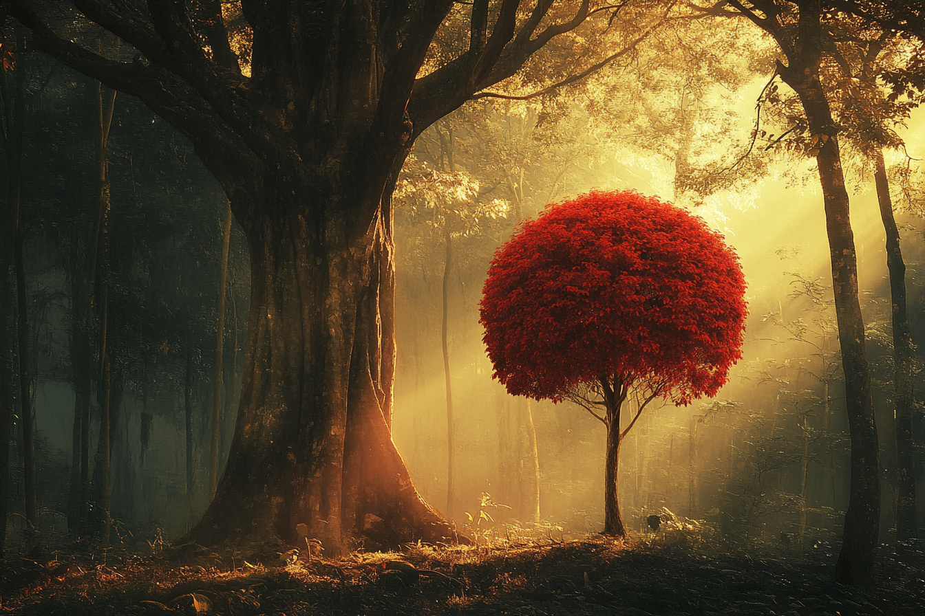 Asian forest with red ball tree, golden light background.