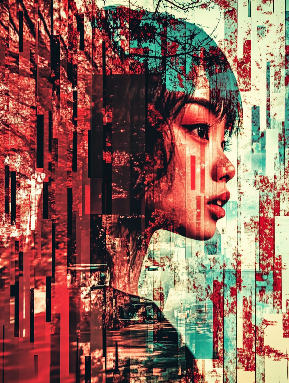 Asian girl, glitch art, Beeple style, retro-futuristic collage.