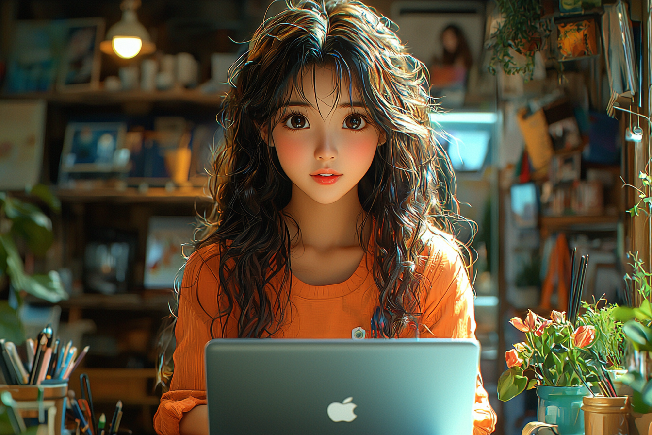 Asian girl creating anime in coffee shop in Vietnam.