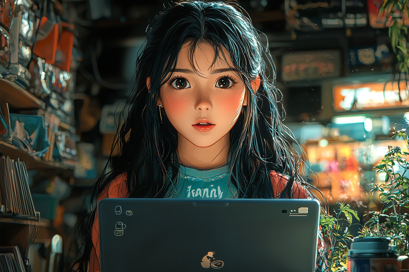 Asian girl in cafe looking at laptop with vibrant colors.