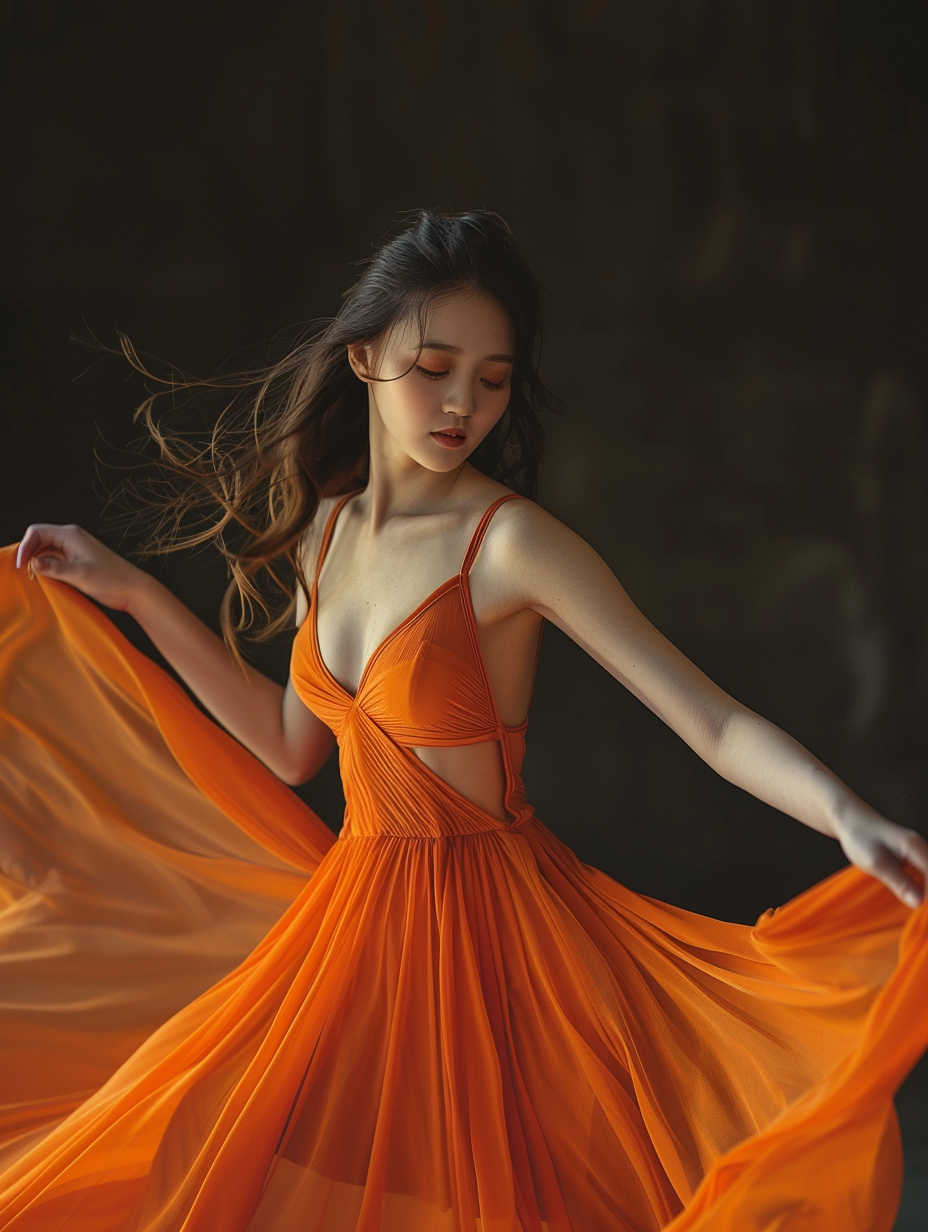 Asian girl in orange dress dancing studio photoshoot 4k