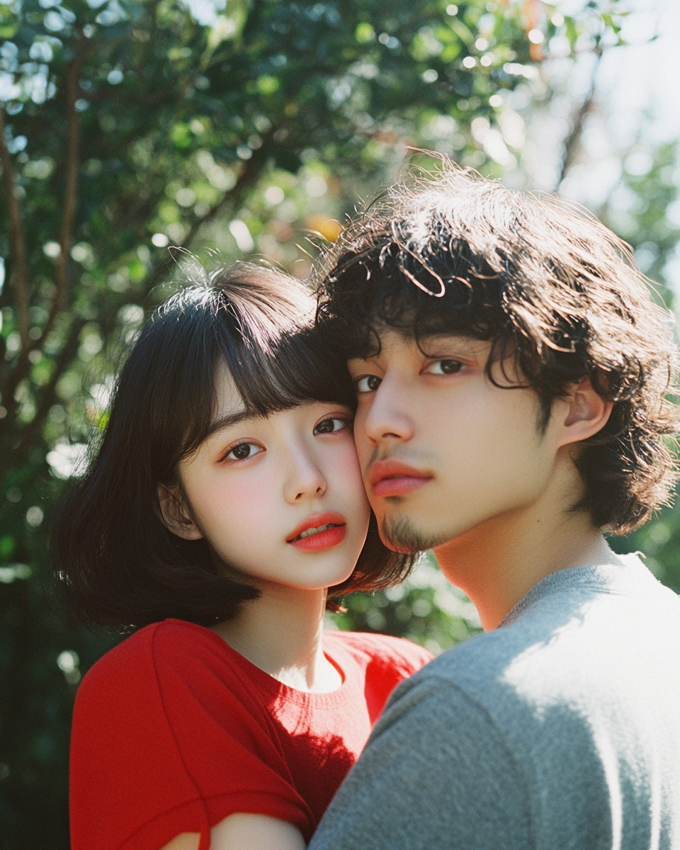 Asian girl in red holding boyfriend's shoulder, Tarkovsky style.