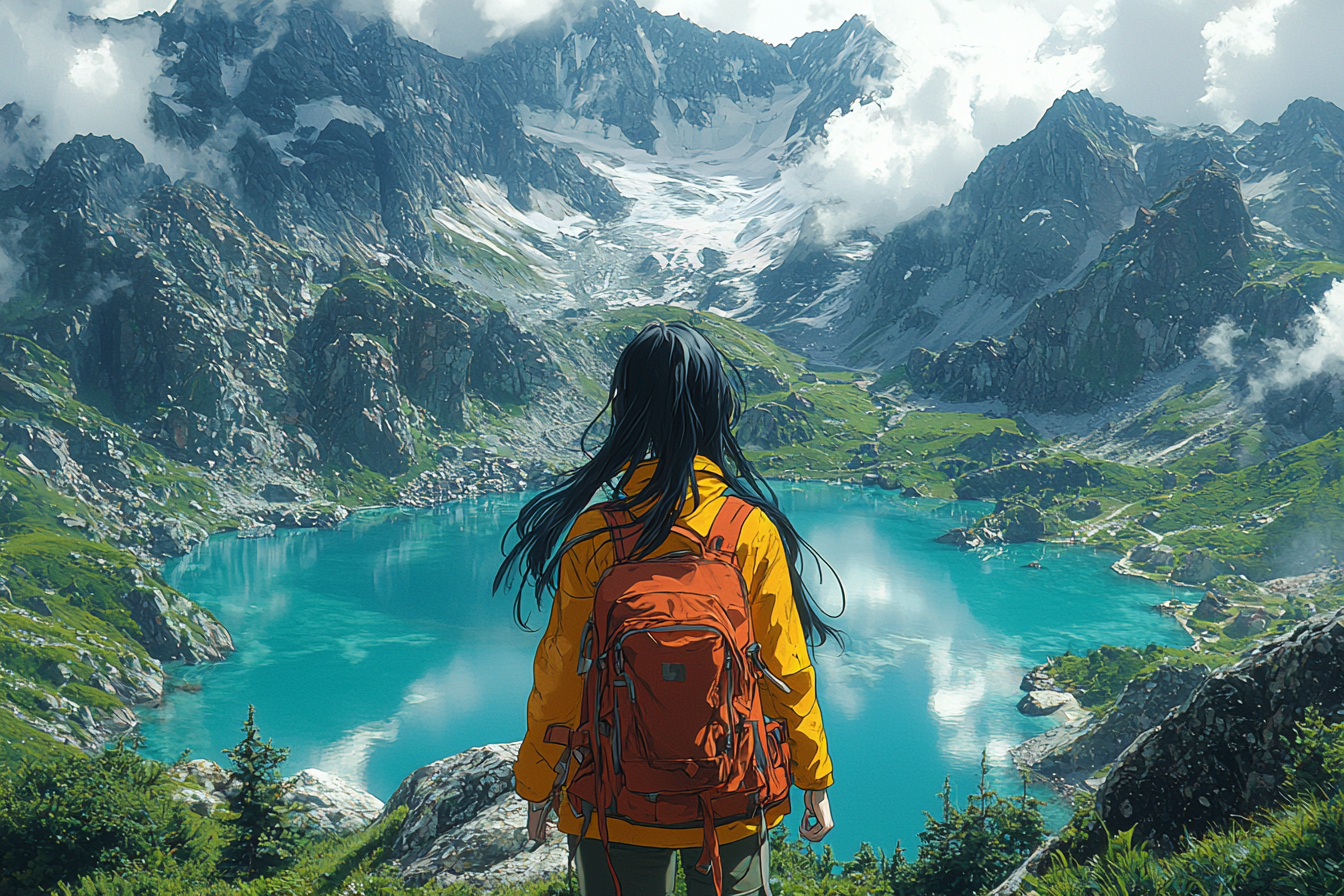 Asian girl in yellow jacket near teal lake.