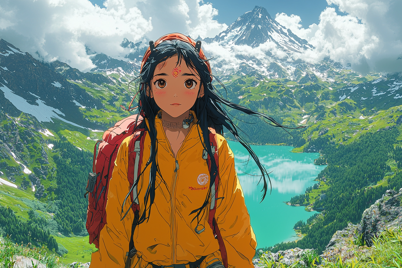 Asian girl in yellow jacket stands by teal lake.