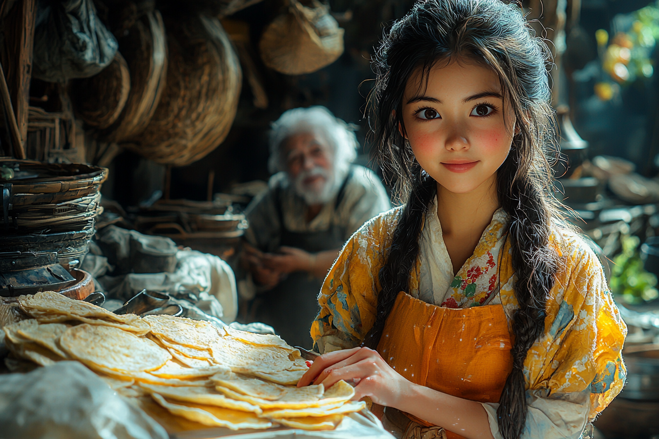 Asian girl makes tortillas with Spanish grandmas, animated beautifully.