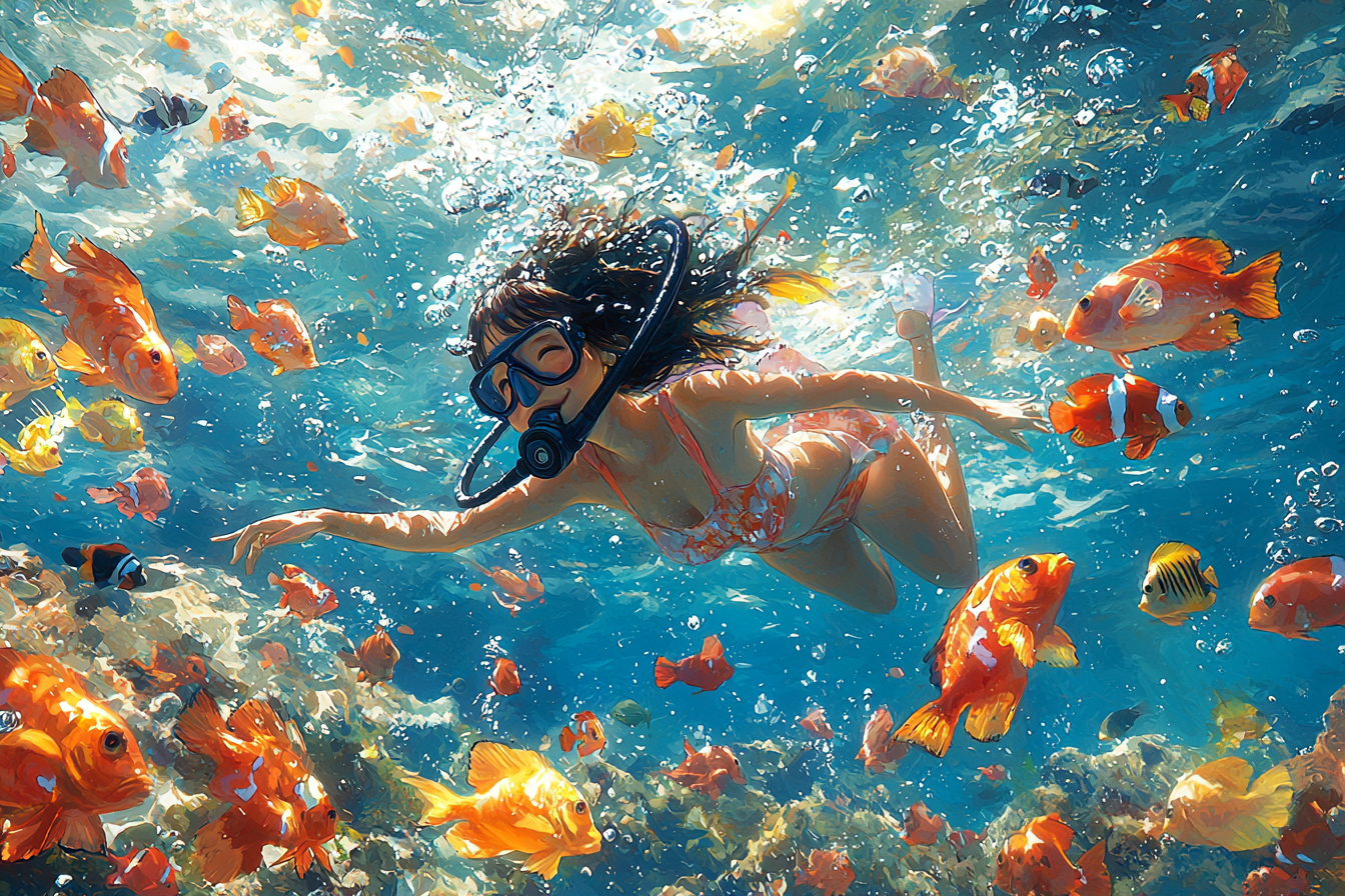 Asian girl scuba diving surrounded by colorful fish.