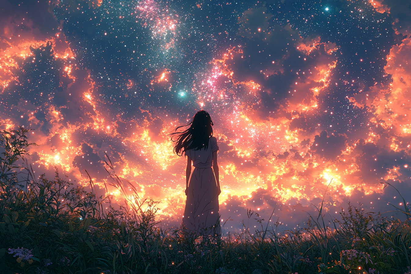 Asian girl with black hair staring at night sky.