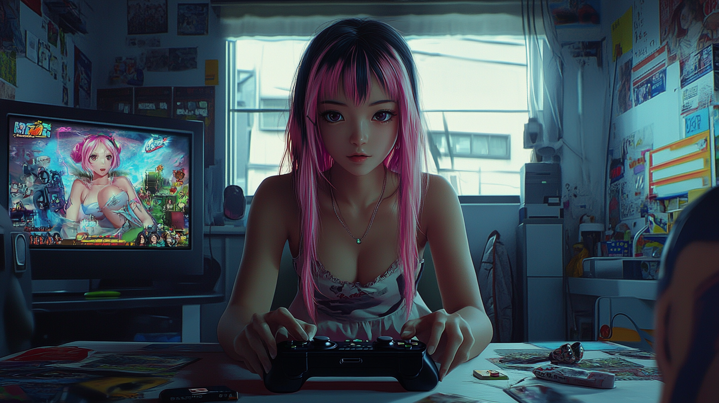 Asian girl with pink highlights plays video games.