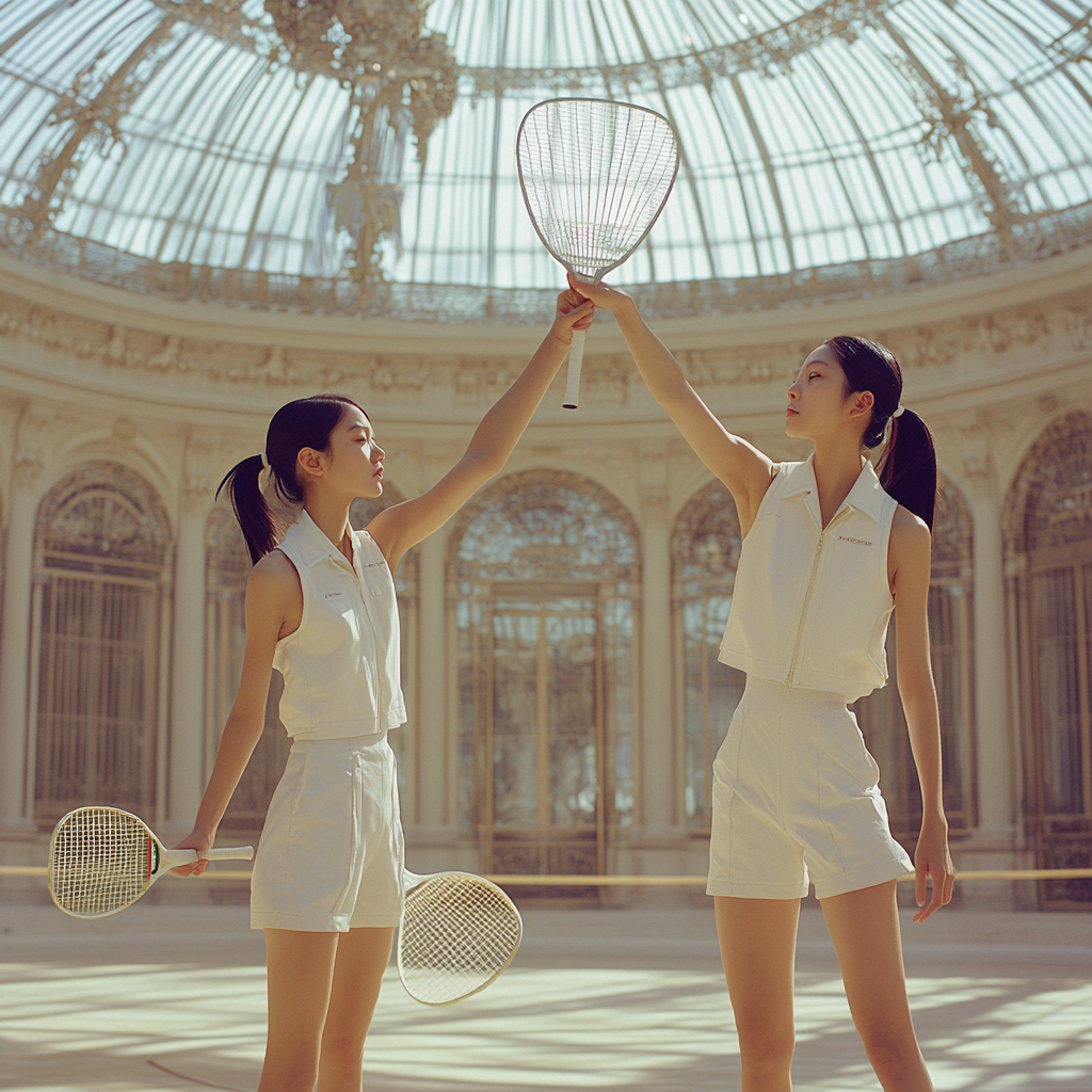 Asian girls wear white Hermes athleisure, duel in Paris.