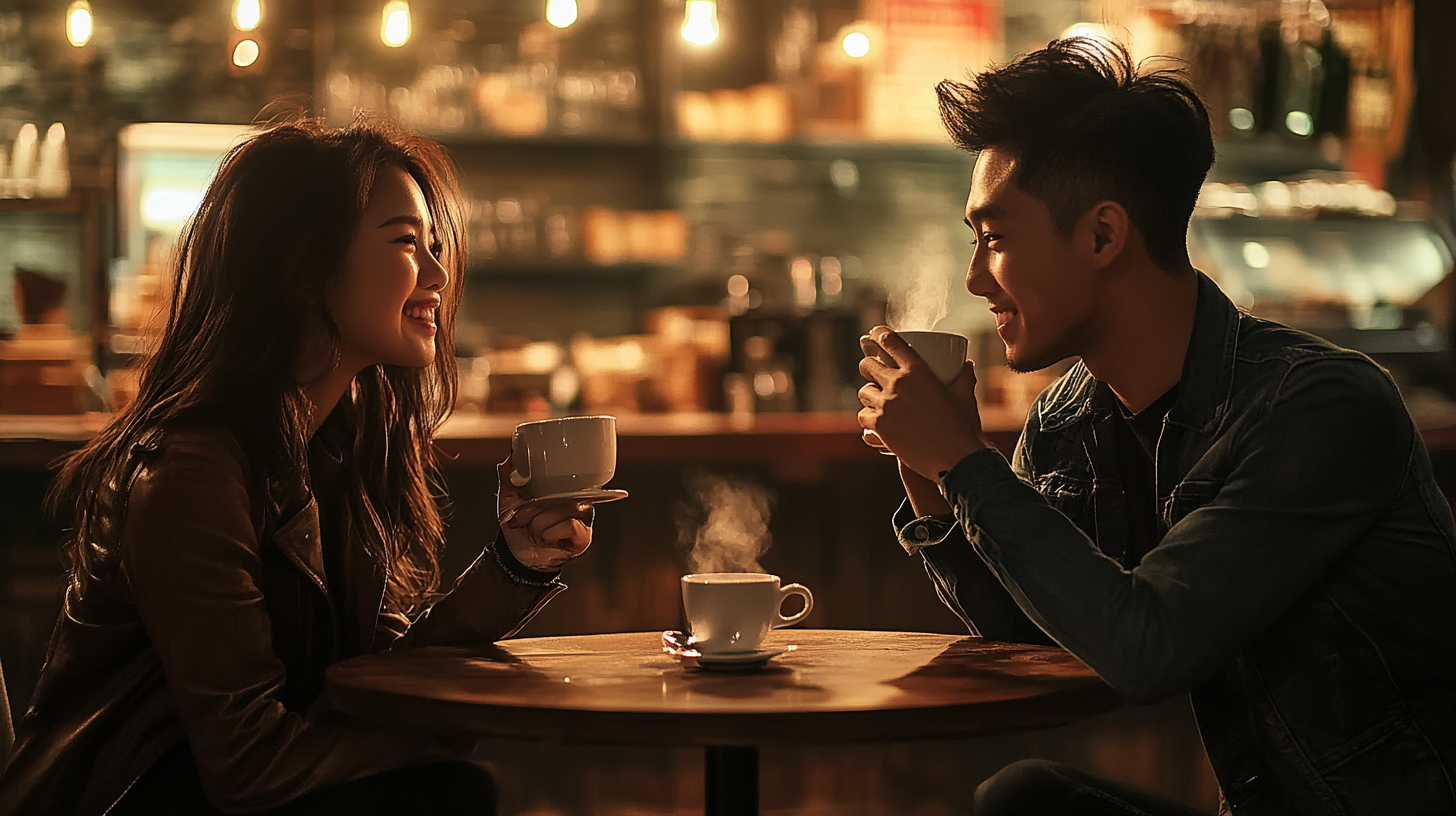 Asian man and woman smiling in coffee shop.