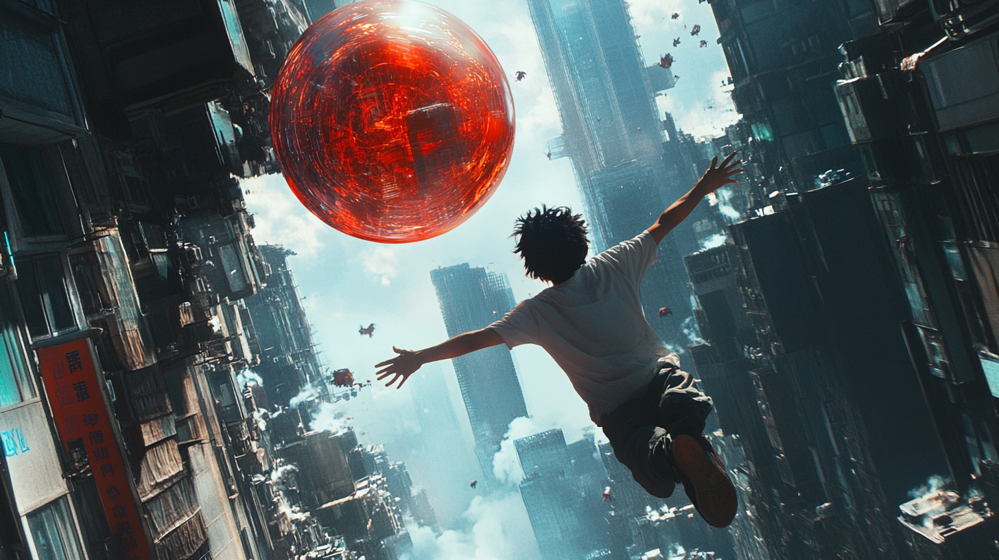 Asian man flying through city with red glass ball