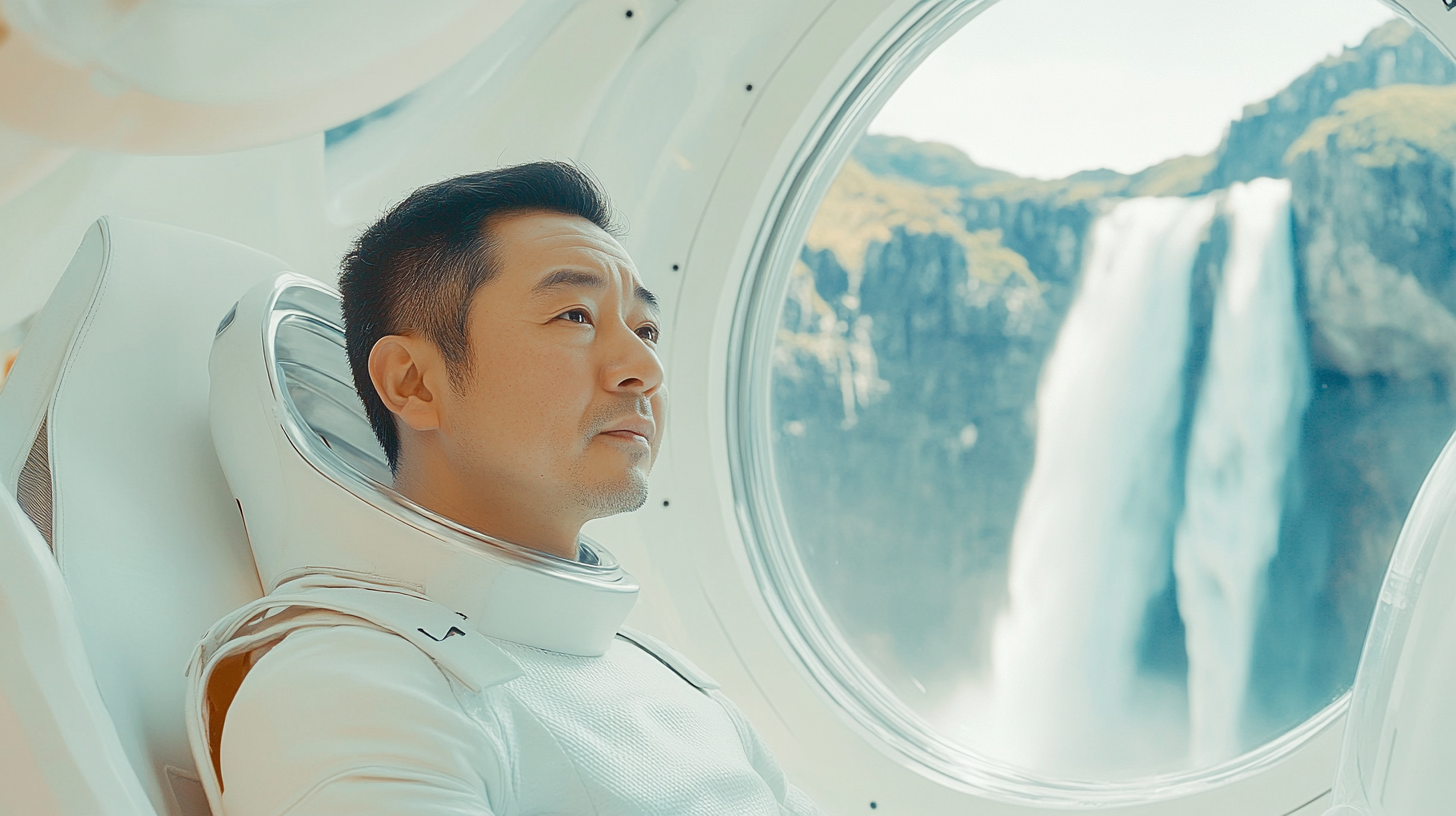 Asian man in 40s in space suit, mountains view.