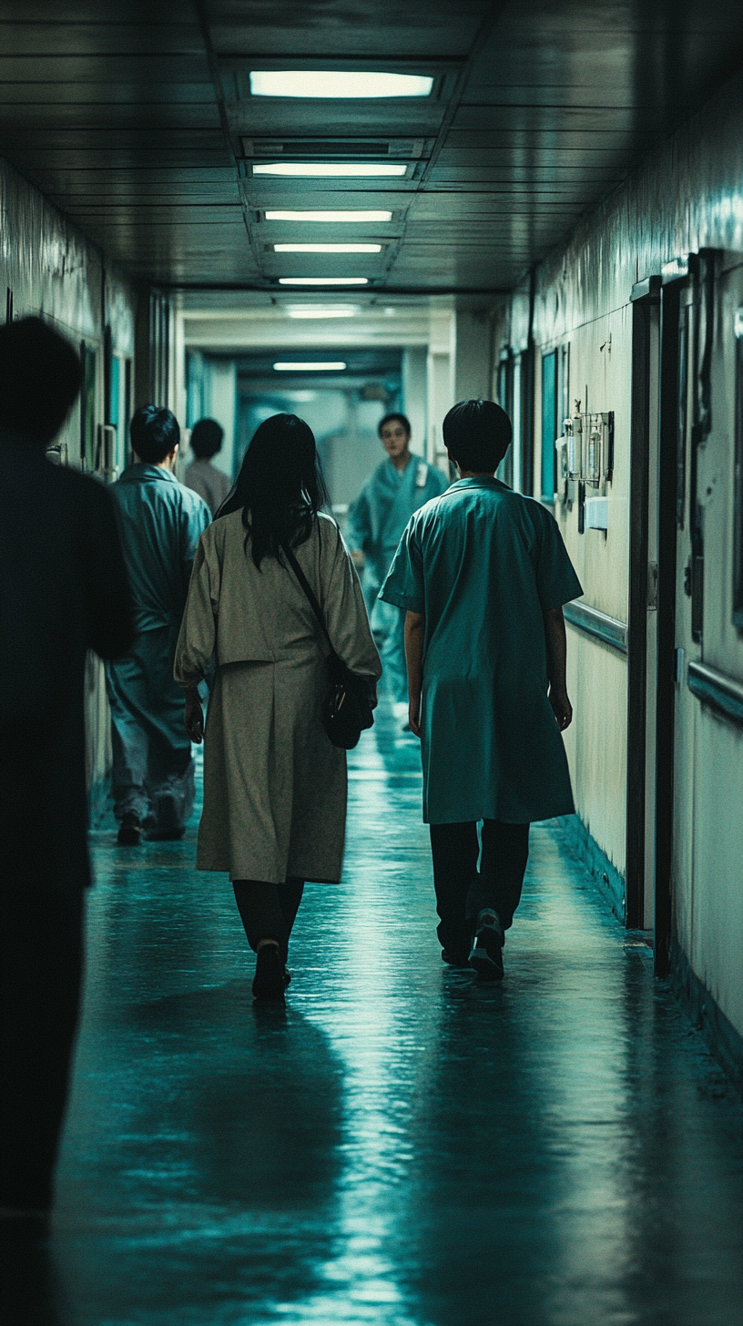 Asian parents walking in the hospital hallway at night.