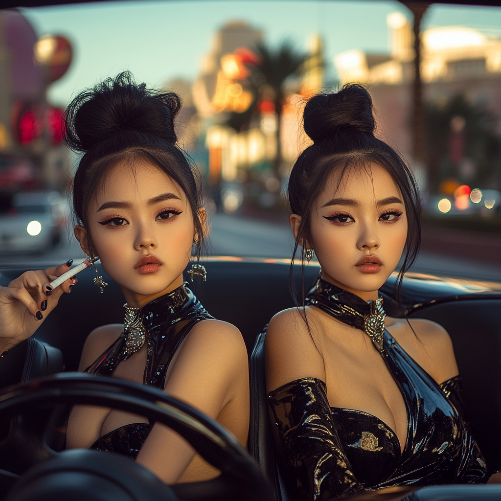 Asian twins in black silk dresses driving sports car