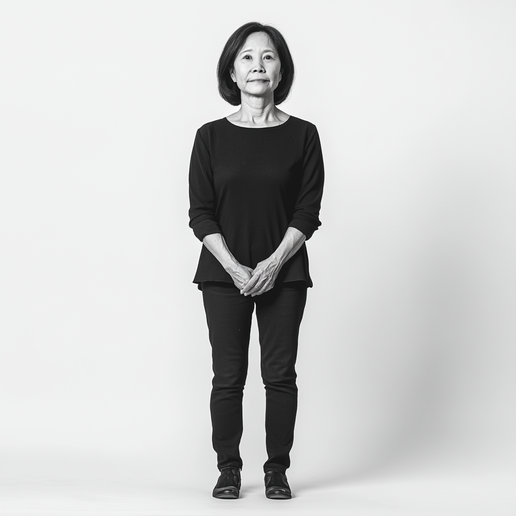 Asian woman, 59, confident, hopeful, standing on white background