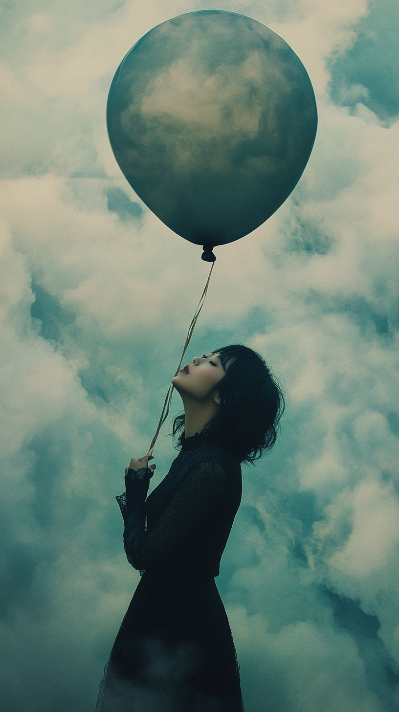 Asian woman, black hair, clouds, balloon, National Geographic style.