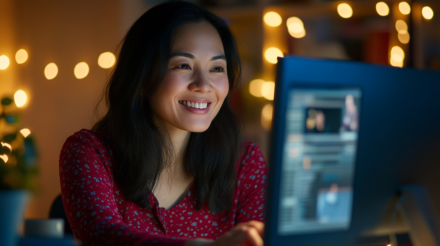 Asian woman (40) smiling in virtual meeting collaboration with DSLR camera, warm lighting.