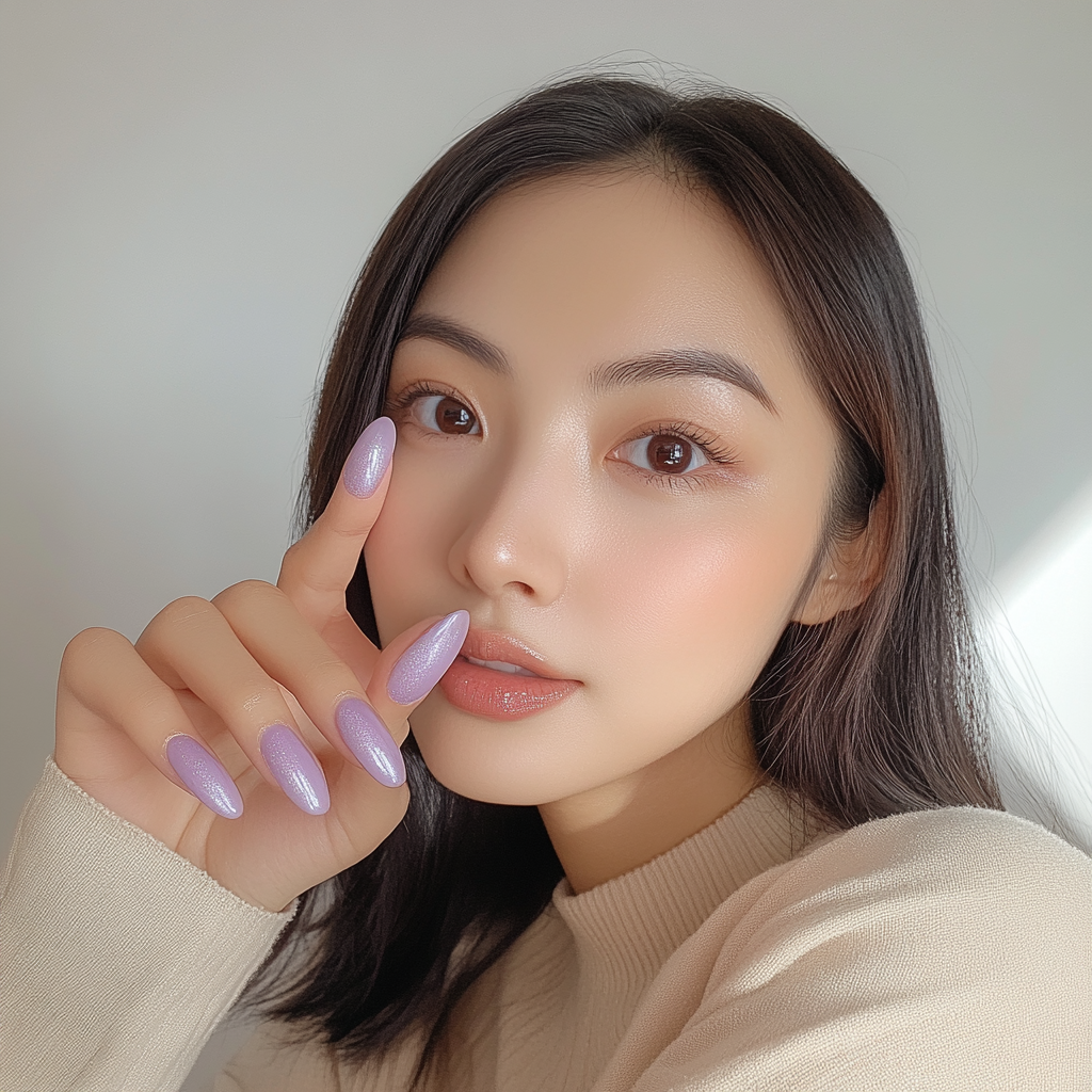 Asian woman in beige top showing lavender nails.