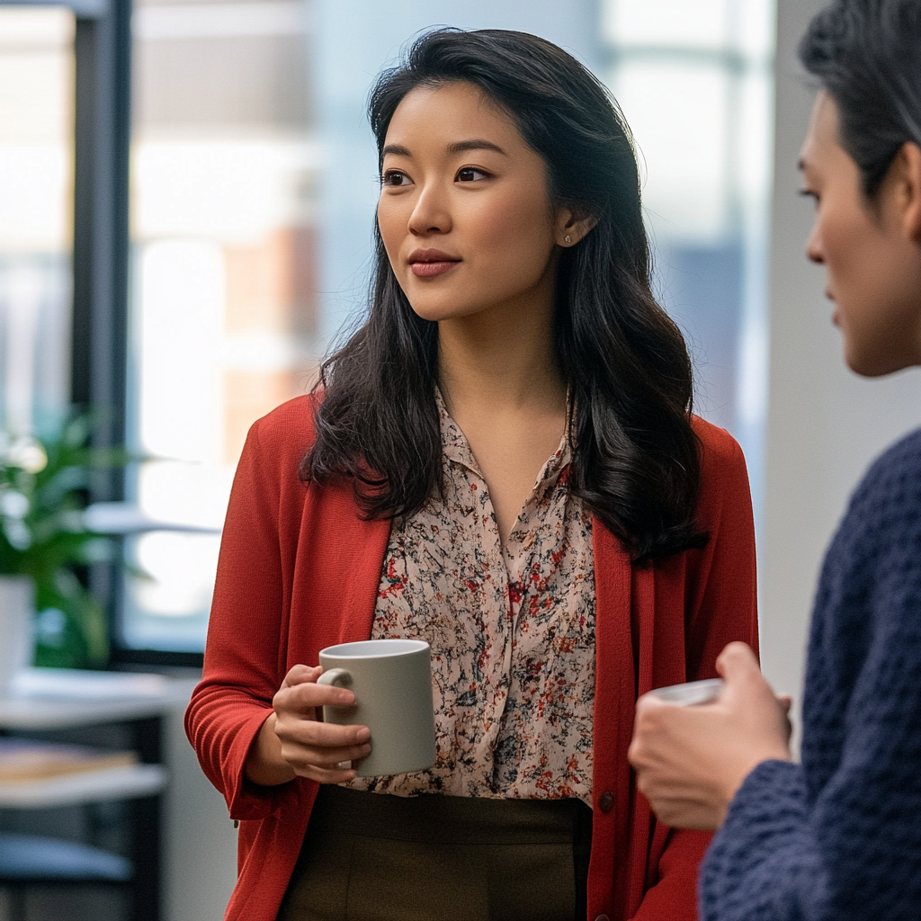 Asian woman in office listening with coffee mug